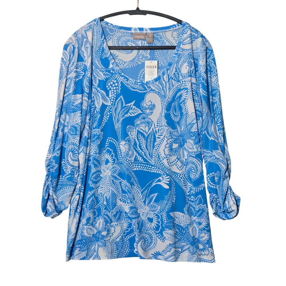 Chico's Russian Flower Shirred 3/4 Sleeve Top Blue White 3 XL Resort Cruise NWT